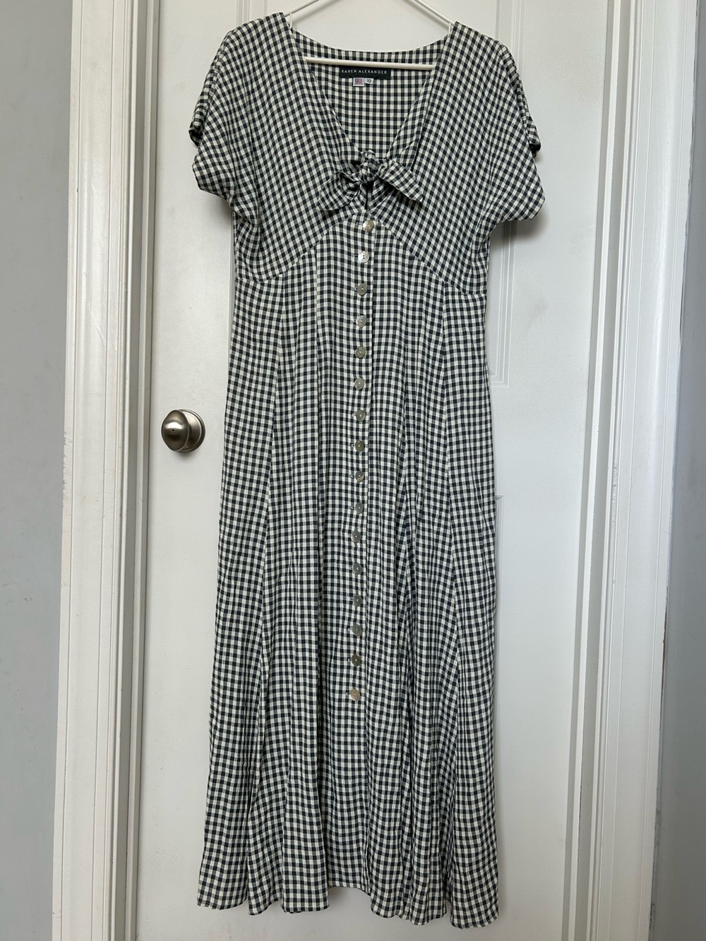 Vintage 90s Karen Alexander women’s size 10 dusty blue gray cream Gingham Dress